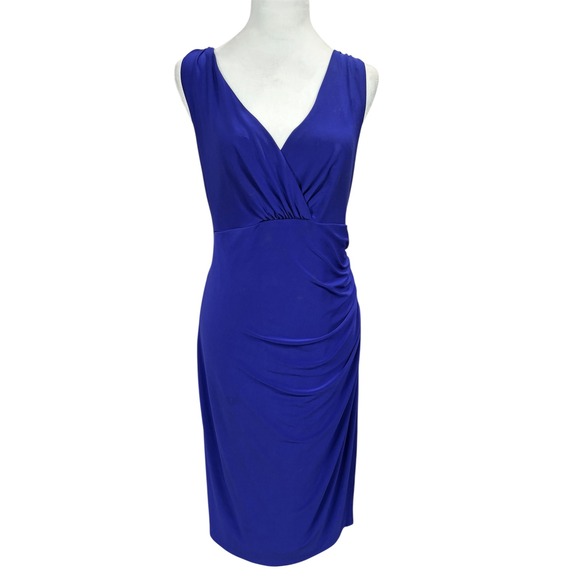 LAUREN Ralph Lauren CANNES BLUE Ruched Side Sleeveless Dress 14 Bodycon Cocktail - Picture 2 of 8